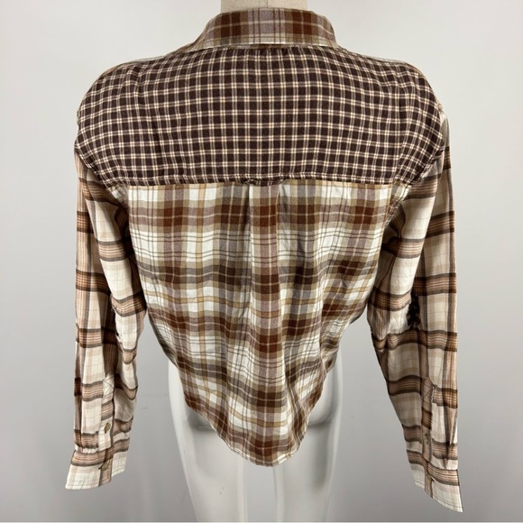 💕AE Brown Plaid women patchwork cropped Shirt S - Picture 3 of 10
